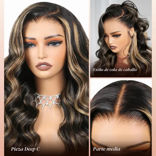 Vista 2 de Juvid Peluca de cabello humano de color balayage FB/27 de 13x6, densidad Pelucas de cabello humano ondulado con encaje frontal de 13 x 6