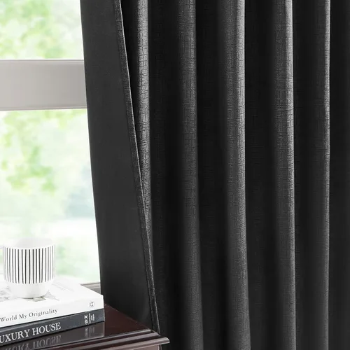 Vista 4 de Bujasso Cortinas de jacquard negras con bolsillo para barra, pestaña trasera y lazos de lujo, cortinas aisladas térmicamente para oscurecer