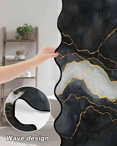 Vista 4 de Scalloped Shower Curtain for Bathroom 36"x72" Modern Minimalism Black Marble White Texture Waterproof Wave Bathroom Shower Curtain Sets with Hooks