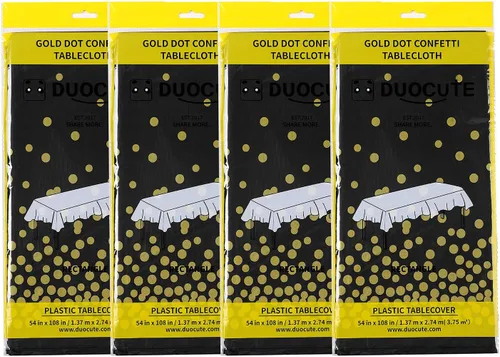 Vista 7 de 4 paquetes de 2,7 x 1,4 m de manteles desechables de plástico para fiestas en color negro y dorado para mesas rectangulares, cubiertas de mesa