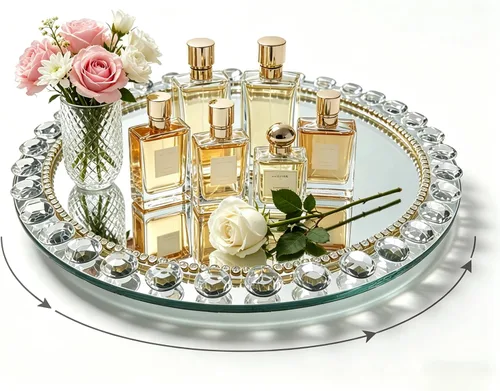 Vista 12 de Bandeja de cristal dorado, 11.8 x 7.9 pulgadas, bandeja decorativa de cristal para exhibición de perfumes cosméticos para una hermosa encimera