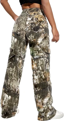 Vista 5 de Pantalones cargo de camuflaje para mujer, cintura alta, holgados, pierna ancha, camuflaje militar, pantalones deportivos ajustados con bolsillo