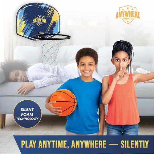 Vista 5 de Anywhere Sports Juego de baloncesto silencioso y aro – Sobre la puerta, juego silencioso para niños, fácil montaje con clip, incluye baloncesto