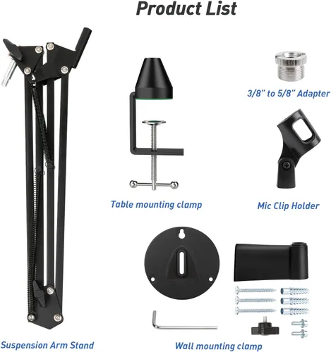 Vista 4 de SUNMON Soporte de pared para micrófono y abrazadera de montaje de mesa de metal, brazo articulado universal para micrófono compatible con HyperX