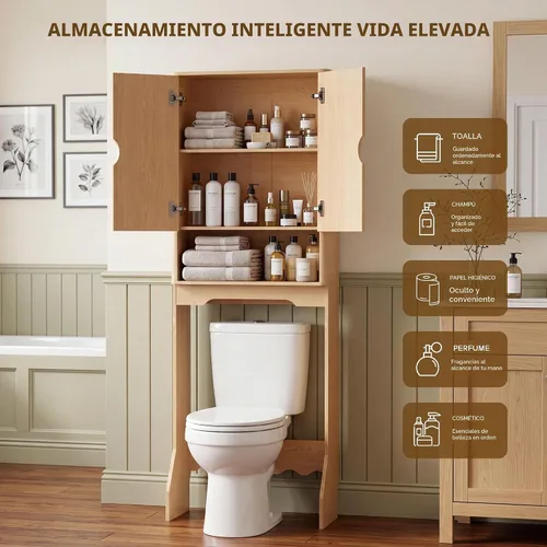 Vista 10 de Merapi Over the Toilet Storage Cabinet, Natural Wood Grain Organizer