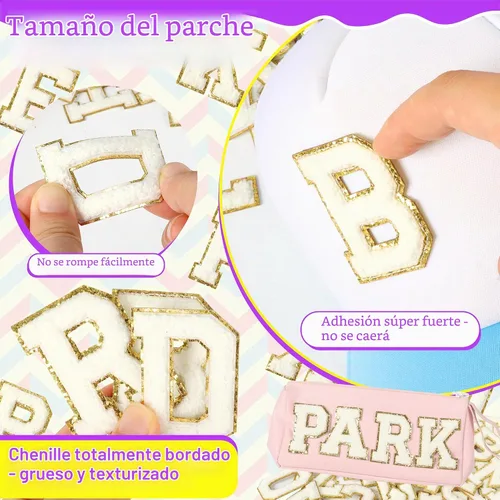 Vista 3 de Parches de letras de chenilla autoadhesivas: 26 piezas de parches de letras blancas, parches de letras de la universidad, parches para pegar en 26