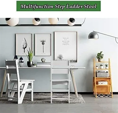 Vista 2 de Silla plegable de madera para biblioteca, 2 en 1, taburete multifuncional ligero y portátil, taburete de 4 escalones de doble propósito, soporte
