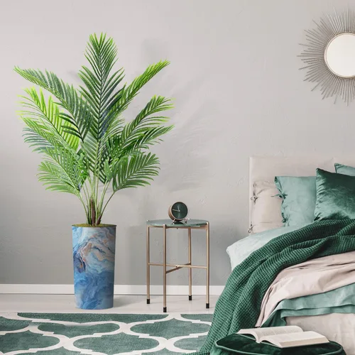 Vista 5 de Árbol artificial en macetero con efecto de granito moderno, palmera tropical areca artificial de seda para decoración del hogar en interiores