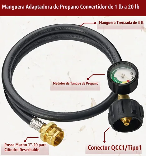 Vista 2 de CALPOSE Manguera adaptadora de propano de 3 pies con calibre, adaptador de 1 libra a 20 libras que convierte electrodomésticos de 1 libra en tanques