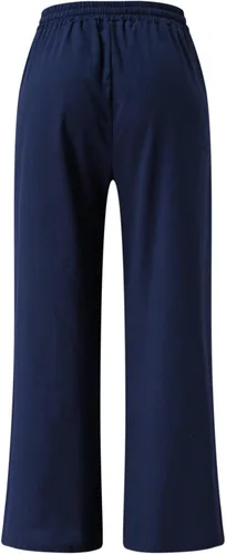 Vista 5 de Pantalones de lino para mujer, trajes de verano para mujer, estilo casual, pierna ancha, pantalones palazzo, cintura alta, pantalones fruncidos