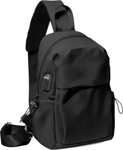 Vista 14 de SEAFEW Small Beige Sling Backpack Travel Hiking Daypack, Crossbody Sling Bag with USB Charging Port for Men Women 3 Layer Pockets One Shoulder Bag