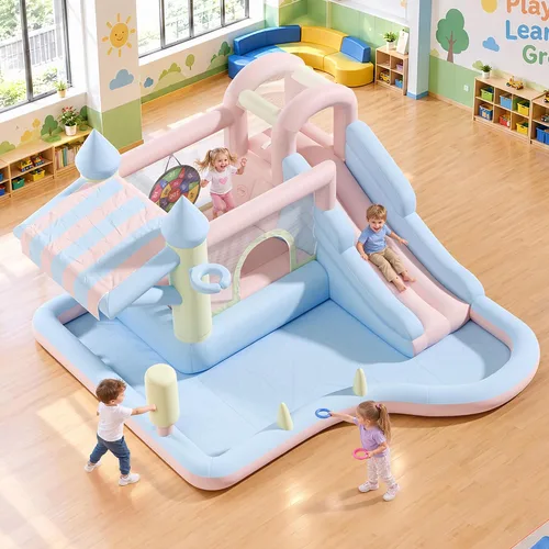 Vista 15 de Albott Inflatable Bounce House Obstacle Course with Blower, for Kids 3-10 Azul océano y verde