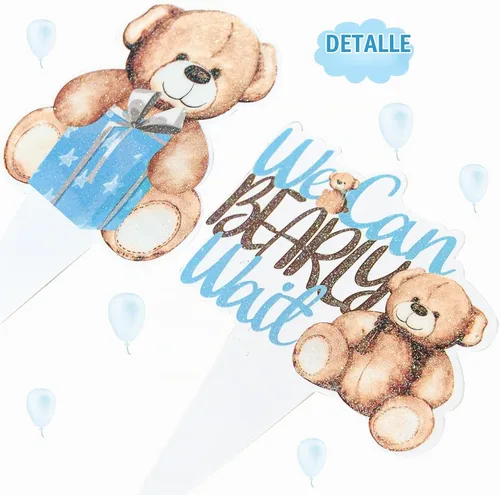 Vista 5 de 48 piezas de decoración para cupcakes con texto en inglés «We Can Bearly Wait» (We Can Wait Cupcake Toppers - Oso de peluche con brillantina)