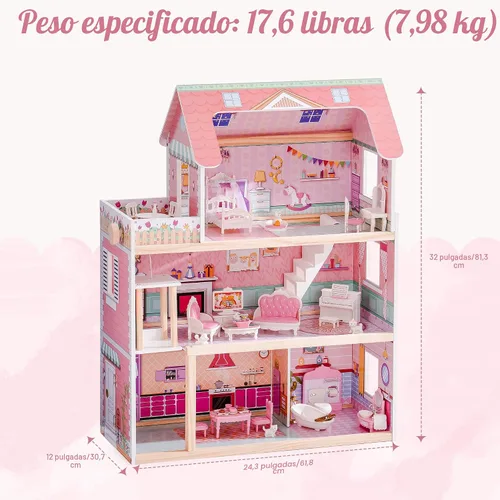 Vista 7 de ROBUD Casa de madera para muñecas, juego de casa de muñecas con 24 piezas de accesorios exquisitos, ascensor que funciona, regalo para niños de 3