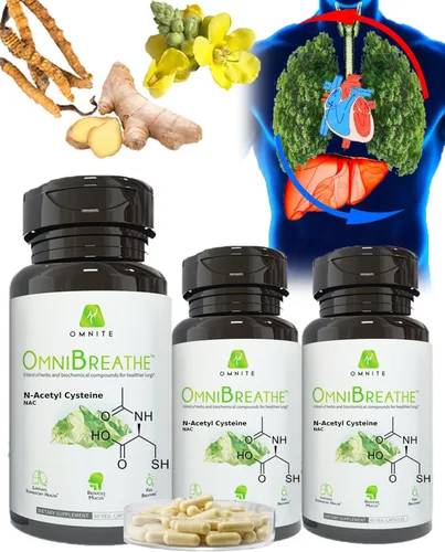 Vista 6 de OmniBreathe Suplemento de desintoxicación pulmonar y apoyo respiratorio Hoja de gordolobo, cordyceps, NAC y vitaminas para una respiración clara