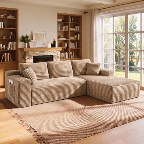 Vista 17 de WINBOY Sofás deshuesados en forma de L de 106 pulgadas para sala de estar, cómodo sofá modular de pana comprimido con bolsillo lateral, Chiase