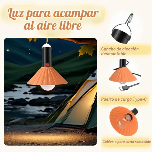 Vista 7 de Luz LED recargable para campamento, 3000 K blanco cálido, 3 modos de brillo, IPX6 impermeable, carga USB-C, gancho desmontable, luz portátil