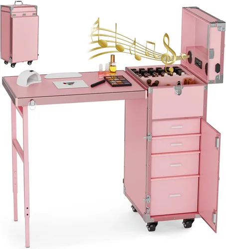 Vista 10 de Icoget Mesa de manicura portátil con ruedas para enseñanza de uñas, escritorio plegable de viaje con almacenamiento, mesa de manicura móvil
