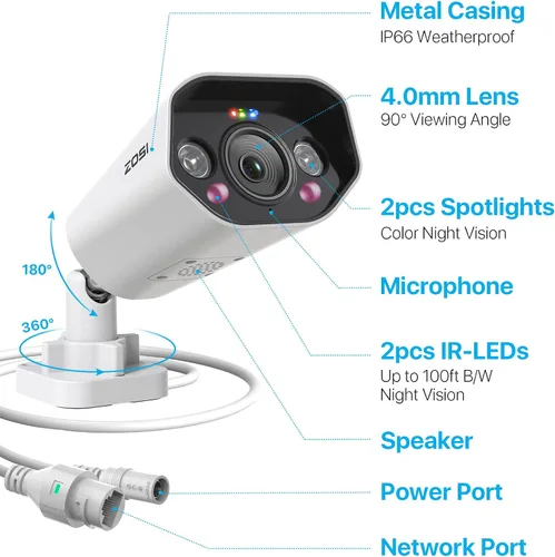 Vista 8 de ZOSI 4K PoE Cámara complementaria, 8MP Metal Bullet Cam, Detección