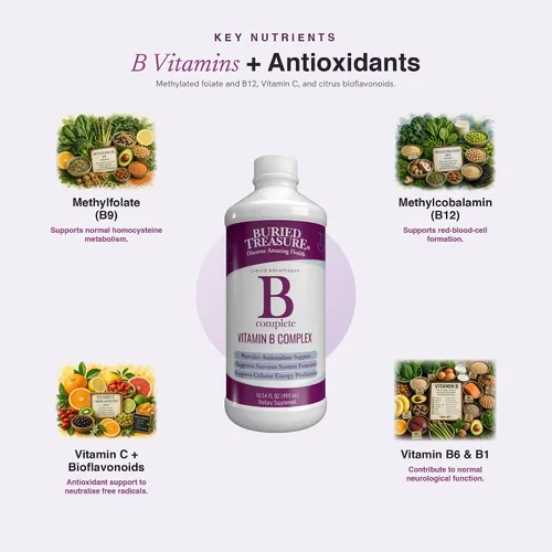 Vista 4 de Buried Treasure B Complete - Complejo líquido de vitamina B con metilcobalamina B12 y metilfolato B9, biotina, B1, B2, B3, B5, B6, líquido y sin
