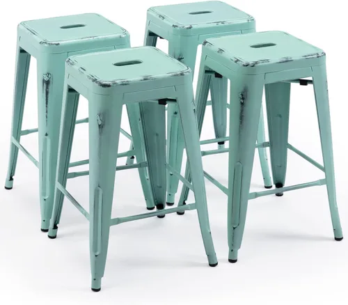 Vista 25 de Vogue Furniture Direct 24" Taburetes de bar de metal sin respaldo negros para interiores/exteriores, altura para encimera con asiento cuadrado