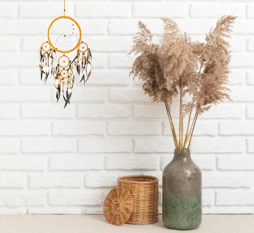 Vista 2 de OMA Atrapasueños para colgar en la pared, decoración de pared bohemia con piedras de ojo de tigre y plumas, diseño tradicional de gamuza marrón 3