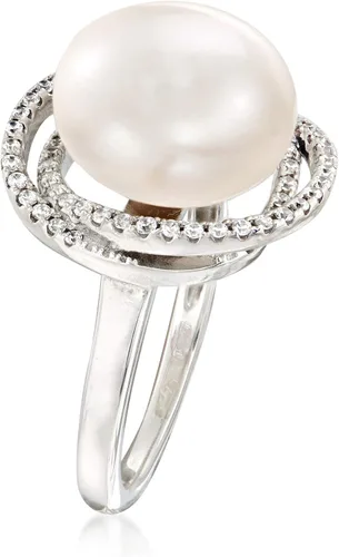Vista 3 de Ross-Simons Italian 12mm Cultured Pearl and .78 ct. t.w. CZ Ring in Sterling Silver