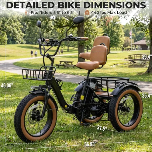 Vista 2 de Electric Tricycle for Adults 750W(Peak 1350W) 48V15.6Ah Etrike 20"x4" Fat Tire Electric Trike 3-Wheel Aluminum Alloy Folding Electric Tricycle Max