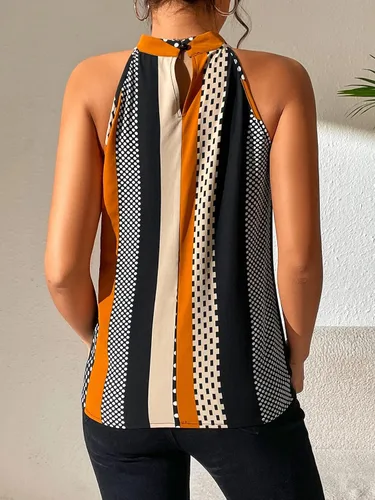 Vista 2 de SOLY HUX Blusas de verano para mujer, con cuello halter, diseño de lunares, a rayas, informal, sin mangas
