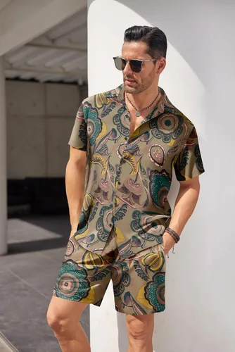 Vista 3 de COOFANDY Conjunto de camisa hawaiana y pantalón corto para hombre, traje de playa de 2 piezas con sombreros de pescador