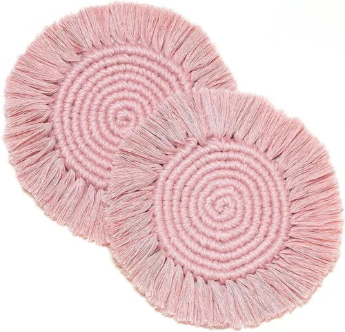 Vista 7 de Paquete de 2 posavasos de algodón hechos a mano de macramé, elegantes y absorbentes, 7.4 pulgadas, redondos, tejidos, bohemios, con borlas de flecos