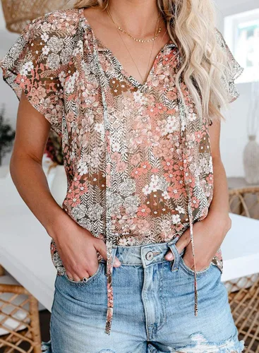 Vista 3 de SimpleFun Blusa de verano de manga corta con cuello en V floral para mujer