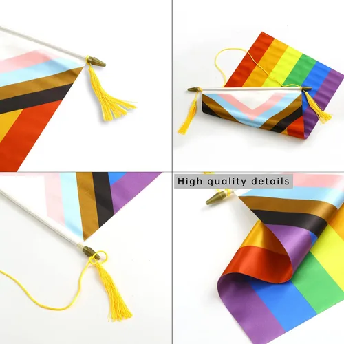 Vista 4 de CANTENDO Paquete de 2 banderas de pared con diseño de arco iris del progreso del orgullo progresivo, bandera colgante gay LGBTQ con poste colgante