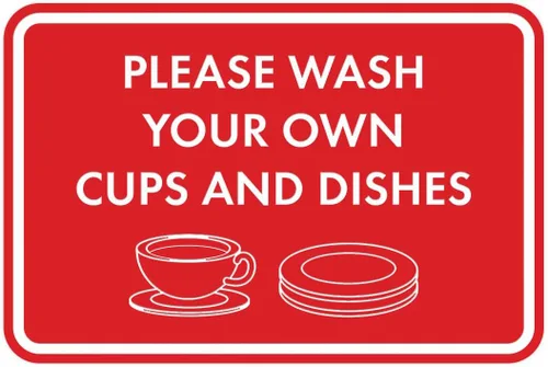 Vista 42 de Letrero clásico enmarcado con texto en inglés «Please Wash Your Own Cups and Dishes» (negro)