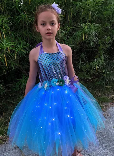 Vista 4 de Disfraz de sirena para niñas, vestido de sirena con luz LED para decoración de cumpleaños, regalos de Halloween