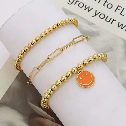 Vista 2 de MythDone Pulseras de cuentas de oro de 18 quilates para mujer, cadena de eslabones de clip de oro con cuentas apilables, pulseras elásticas