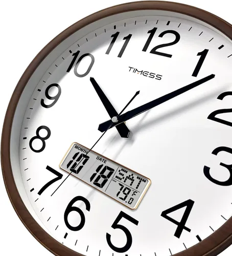 Vista 2 de Reloj de pared TIMESS, acabado clásico estilo madera, de 11 pulgadas, silencioso, sin tictac, funciona con pilas, de cuarzo, analógico