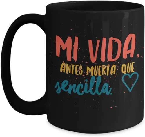 Vista 3 de Taza de Cafe Vida Vaso, taza de téa divertidas, tazas personalizadas, taza de café inspiradoras, taza con mensajes positivos., 11onza, Negro