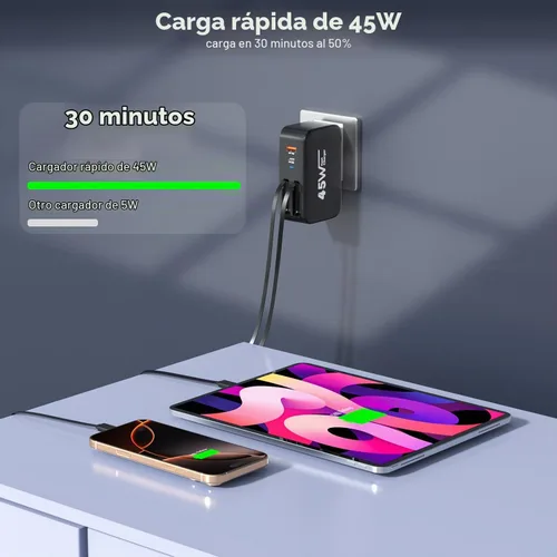 Vista 3 de Cargador de pared retráctil 4 en 1, enchufe de cable USB C doble, cargador USB C de 45 W, cargador retráctil rápido para iPhone, bloque plegable