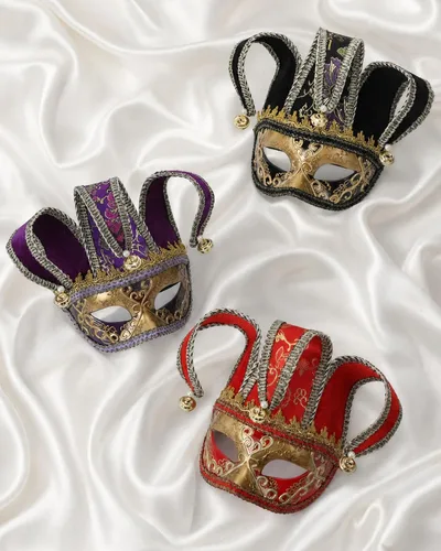 Vista 4 de Zinniday Máscara veneciana de bufón para mascarada, máscaras de comedia Oro y rojo