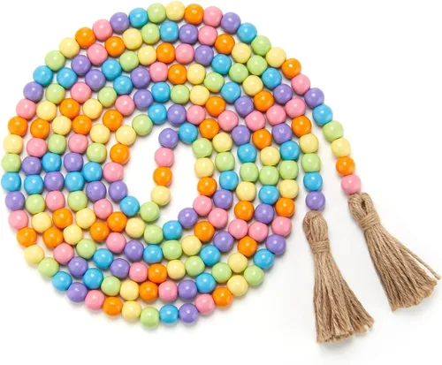 Vista 12 de Guirnalda de cuentas de madera con borlas, guirnalda de cuentas de madera para chimenea, estilo rústico, estilo vintage, bohemio, para fiesta