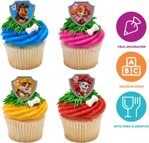Vista 3 de DecoPac Paw Patrol Reporting For Duty Anillos, Decoraciones de cupcakes con Chase, Marshall, Skye y Rubble - Paquete de 24