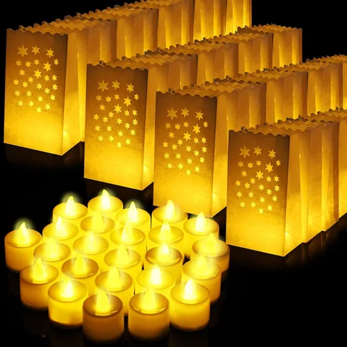 Vista 11 de Sabary Juego de 50 bolsas luminarias con velas de té sin llama, luminarias de Navidad, farol LED, bolsas para velas para cumpleaños, bodas