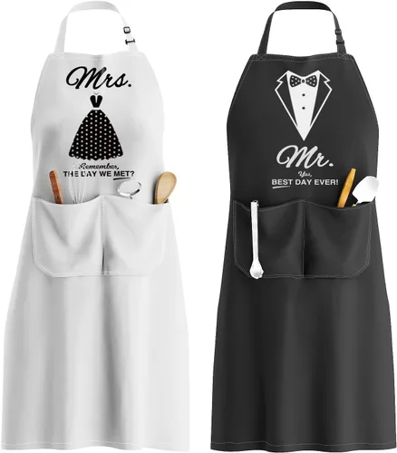 Vista 8 de Juego de delantales King & Queen, delantales de cocina a juego para parejas con bolsillos profundos y costuras reforzadas, equipo de cocina