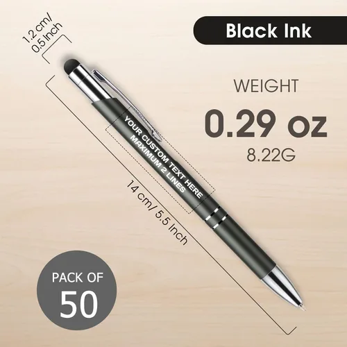 Vista 4 de Bolígrafos personalizados con lápiz capacitivo, bolígrafos metálicos personalizados con nombre impreso con tinta negra, grabado con logotipo