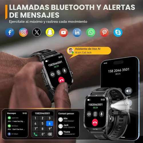 Vista 5 de Relojes inteligentes militares para hombre (responder/hacer llamadas) con potente linterna de 1.96 pulgadas HD, reloj inteligente táctico al aire