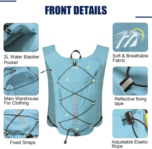 Vista 4 de Chaleco de correr para mujeres y hombres, mochila de hidratación de 6L con vejiga de agua de 2L, mochila de agua ligera para trail running, maratón