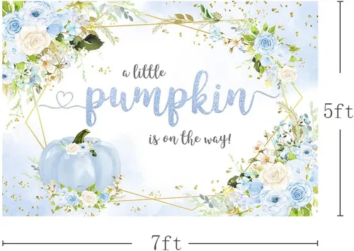 Vista 3 de MEHOFOND Telón de fondo de calabaza de otoño de 7 x 5 pies para niño, baby shower, decoración de fiesta de bebé azul floral para bebé, niño