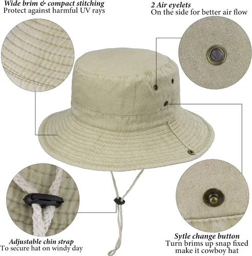 Vista 6 de Sombreros para el sol para hombre con protección UV, ala ancha, sombrero de safari de pesca Caqui