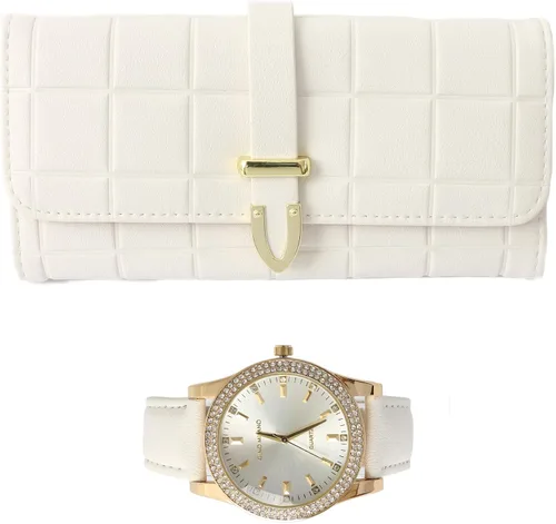Vista 13 de Reloj de pulsera de cuero dorado para mujer y cartera de tres pliegues a juego 2-PACK ROJO - NEGRO